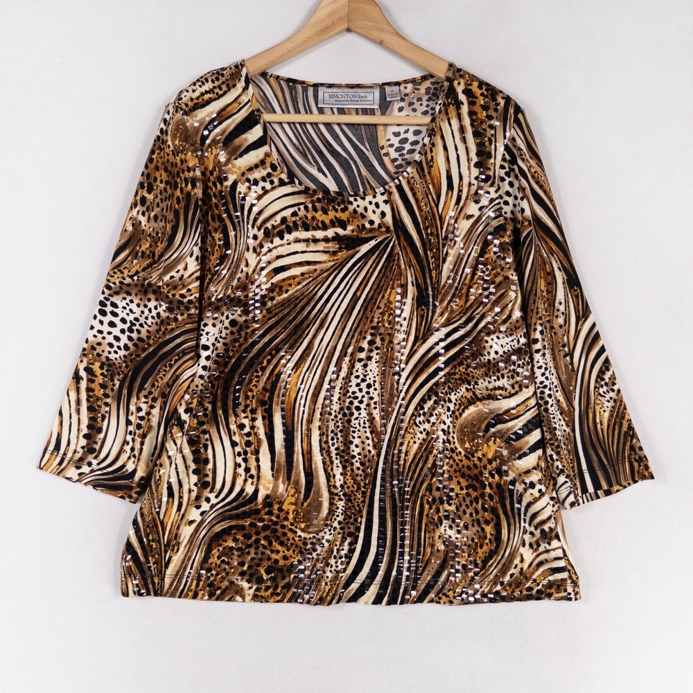 Simonton Says Top Shirt Womens Medium Brown Black Animal Print Shimmery Stretch